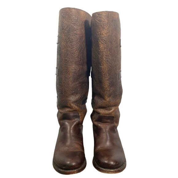 J.B. Dillion tooled Leather tall riding boots buckle shaft steampunk women’s 7 - Picture 3 of 14